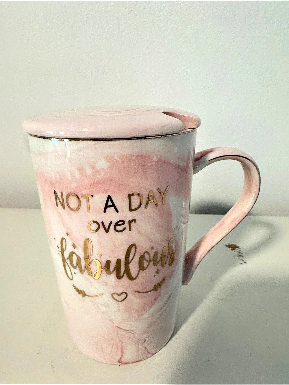 Jumway Not a Day Over Fabulous Pink Marble Ceramic Mug with Lid Mug With Lid